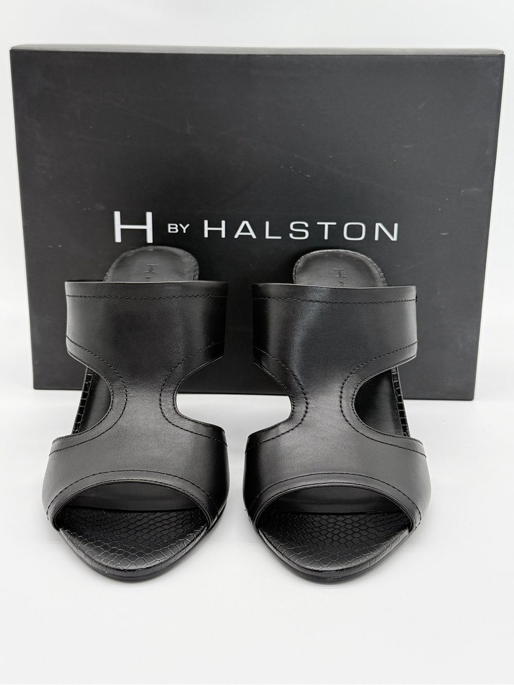 H by Halston Black Leather Open Toe Slide Sandal